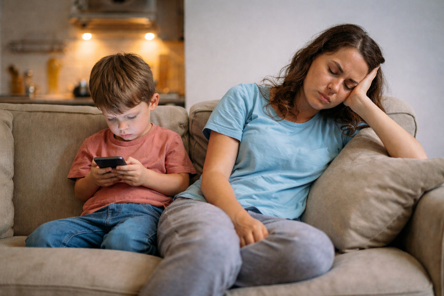 Mãe cansada e criança no celular